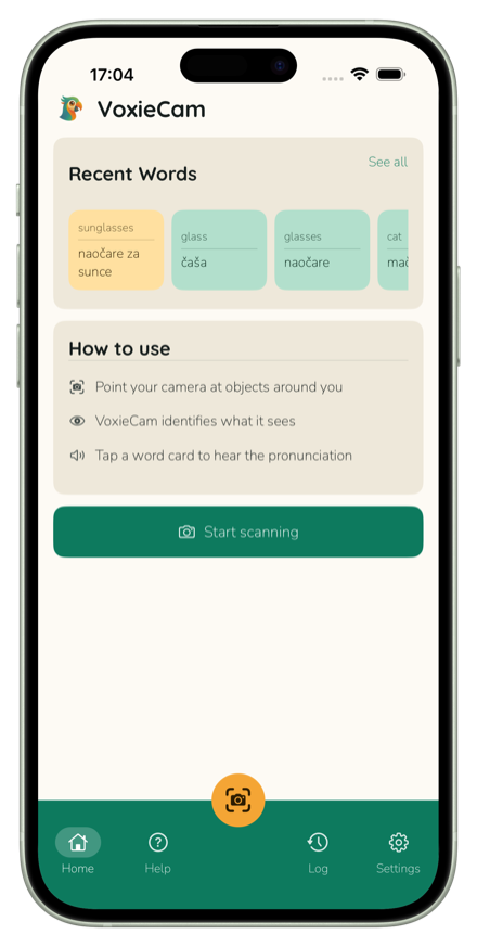 VoxieCam home screen showing recent words, how-to guide, and start scanning button